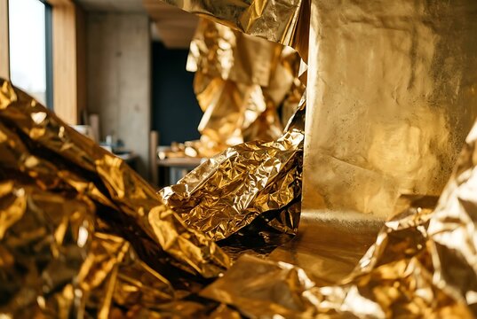 Abstract shiny gold foil texture in interior setting.