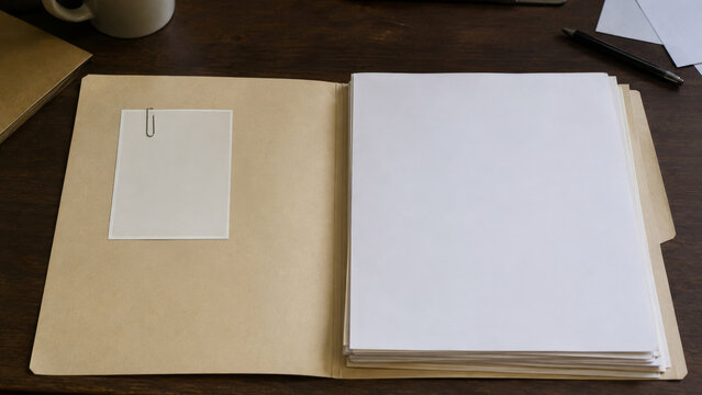 Open detective case folder with blank photo and documents on desk