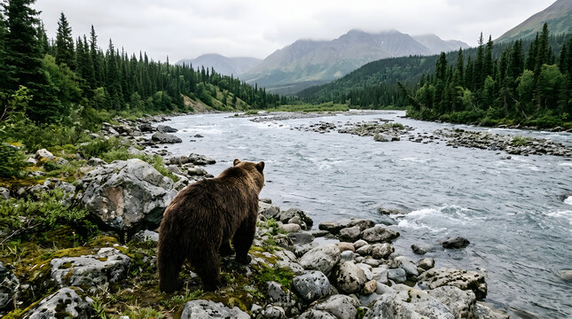 Wild brown bear exploring rocky riverbank in mountainous forest landscape