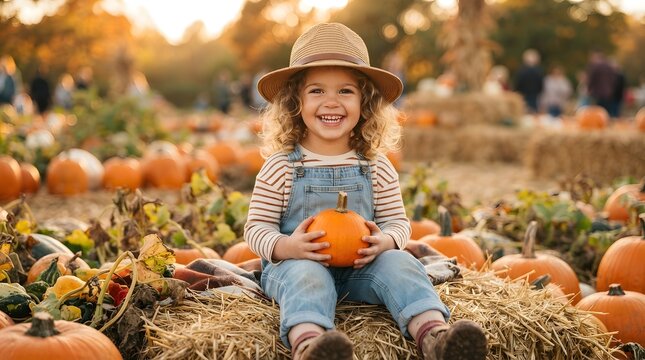 Happy young child sitting on a hay bale in a pumpkin patch during autumn