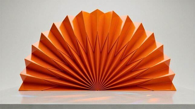 A single large abstract shape resembling a folded paper fan, made of glossy orange panels radiating from one point, standing upright against a plain light-grey background.
