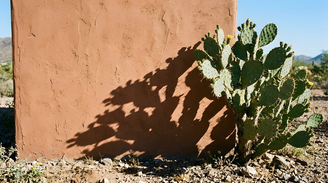 Cactus casting shadow on adobe wall in desert landscape