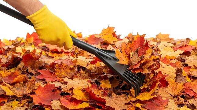 A person wearing a yellow glove using a black rake to gather colorful fallen autumn leaves isolated on white background