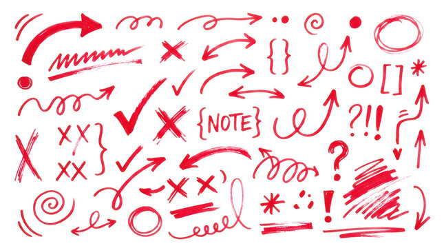 Hand drawn doodle arrows, red sketch marks and annotation symbols for design, vector graphic set isolated on Transparent Background