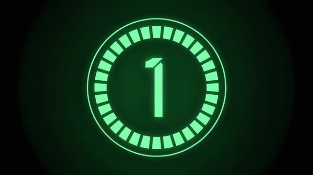 Green neon digital countdown clock animation featuring bright glowing numbers inside a circular frame for cinematic motion video project display