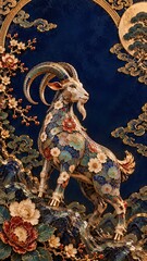 Fototapeta premium Horizontal banner for Chinese New Year 2027 Year of the Goat, ornate enamel goat with floral inlay and curling golden cloud decoration. Dark navy background template with copy space for festive greeti