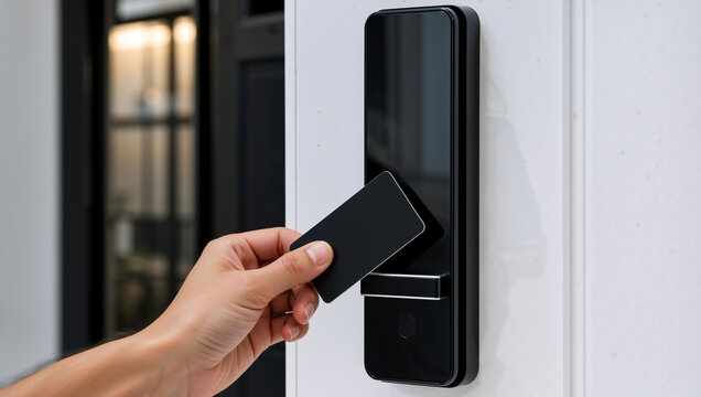 Hand holding black keycard to electronic door lock. Person unlocking modern digital smart lock with rfid card. Access control and security concept