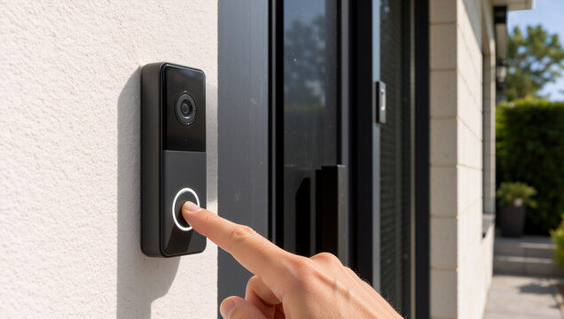 Hand pressing button on smart video doorbell. Modern home security camera system at front door entrance