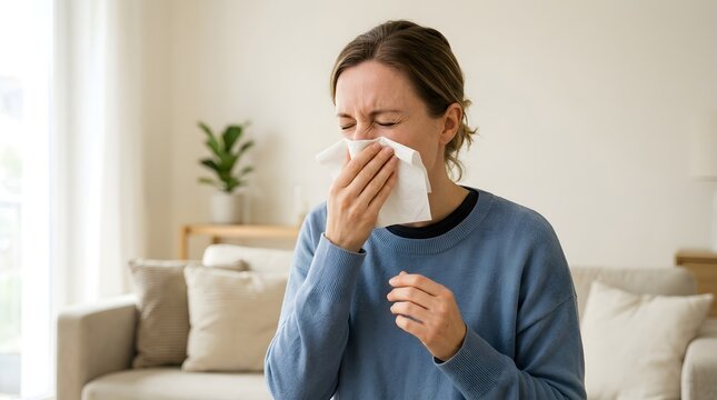 Woman Mid-Sneeze With Tissue Covering Nose in Bright Neutral Room