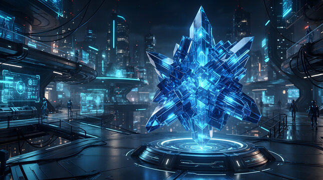 Glowing blue crystalline structure centered in a futuristic digital city environment with glowing crystal blue light sci fi energy source abstract