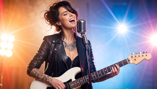 Female rock singer performing on stage with electric guitar. Passionate young woman in leather jacket singing into vintage microphone. Live music concert with bright spotlights