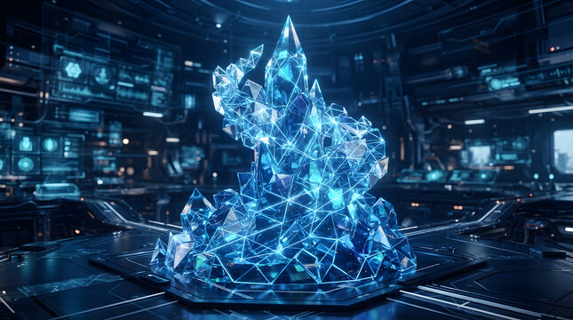 Complex glowing blue crystal energy cluster in a high tech laboratory with glowing mineral digital interface laboratory futuristic technology