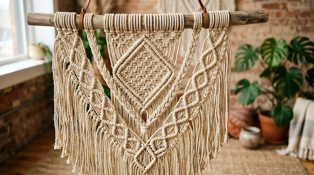 Bohemian macrame wall hanging with intricate geometric knotting on a rustic wooden branch
