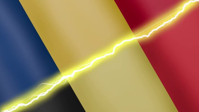 Two waving flags Chad and Belgium with diagonal lightning seamless, 4k loop