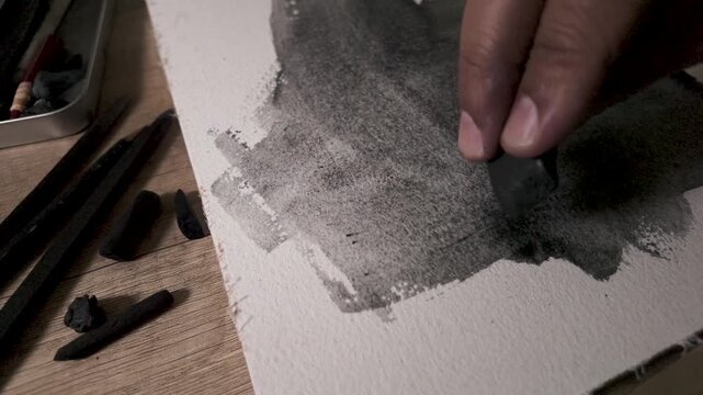 Watercolor graphite marks spreading across textured paper, water-soluble pigment creating organic patterns in slow motion