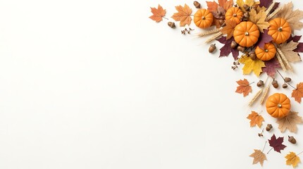 Fototapeta premium Beautiful autumn corner border made of small orange pumpkins and colorful fall leaves isolated on a clean white background
