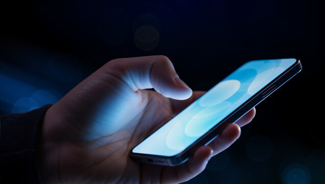 Close up of hand holding and touching smartphone screen in the dark. Person using mobile phone with glowing blue display. Digital technology and communication concept