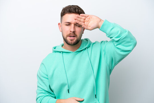 Young caucasian man isolated on white background with tired and sick expression