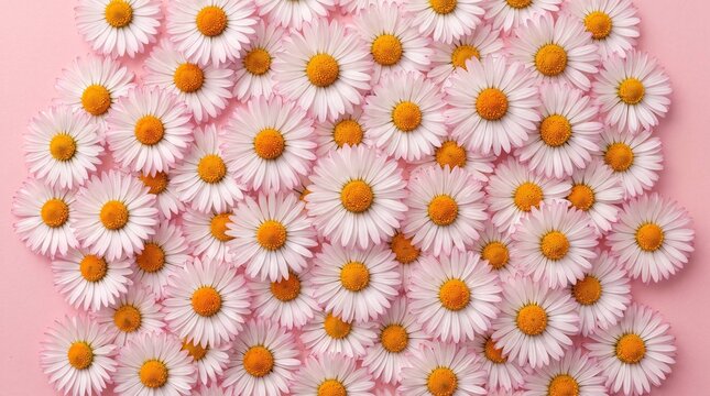 Full frame pattern of white daisy flowers with orange centers on pink background for spring design