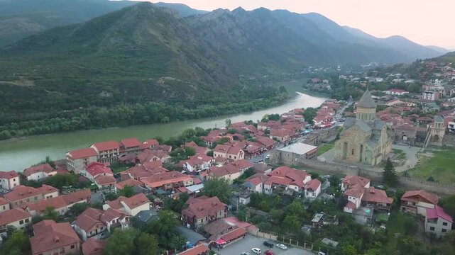 Aerial view of ancient Svetitskhoveli cathedral near Mtkvari river in Mtskheta Georgia.