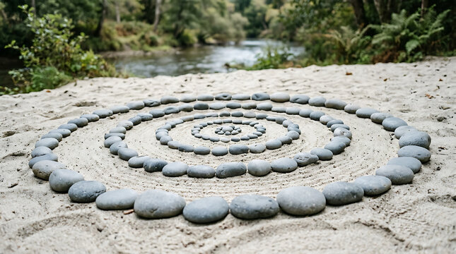 Stone mandala arranged in concentric circles on a sandy riverbank
