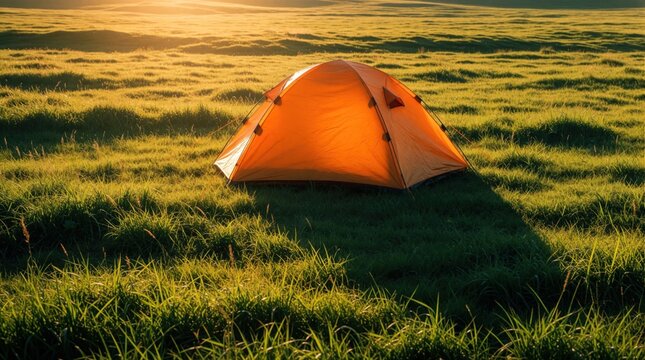 Orange camping tent stands in green grassy field at sunset. Warm sunlight glows on tent fabric under golden sky. Peaceful landscape offers perfect spot for outdoor adventure, hiking trip, summer