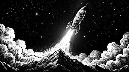 Fototapeta premium Retro rocket ship blasts off from mountain peak into starry night sky. Bold graphic style and dramatic plume suggest adventure and space travel innovation.
