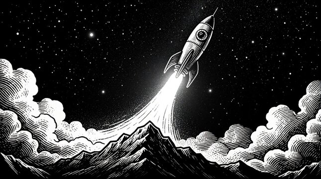 Retro rocket ship blasts off from mountain peak into starry night sky. Bold graphic style and dramatic plume suggest adventure and space travel innovation.