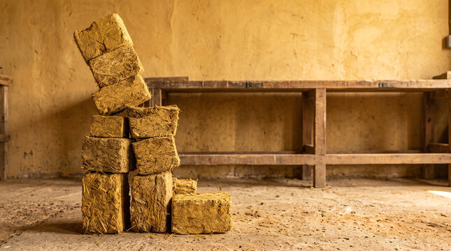 Stacked Adobe Mud Bricks with Straw in Rustic Workshop with Wooden Workbench and Clay Wall