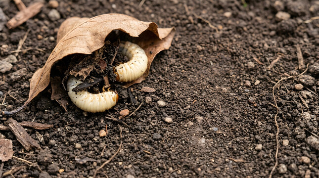 Close-up of a grub under a dry leaf on soil surface