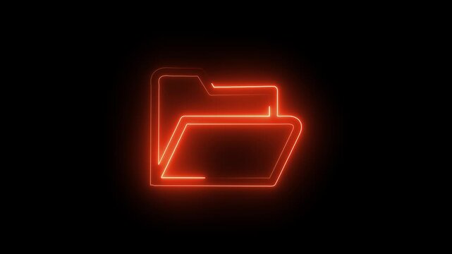 Glowing neon outline of a folder icon with horizontal lines on a black background. 4k animation.