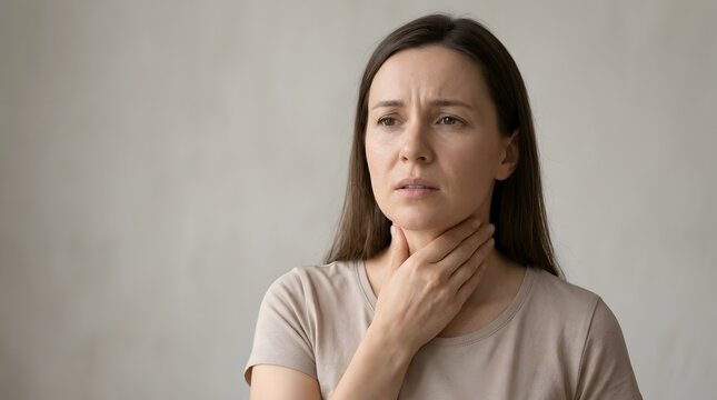 Close Portrait of Woman Holding Throat With Sore Throat and Neutral Background