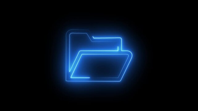 Glowing neon outline of a folder icon with horizontal lines on a black background. 4k animation.