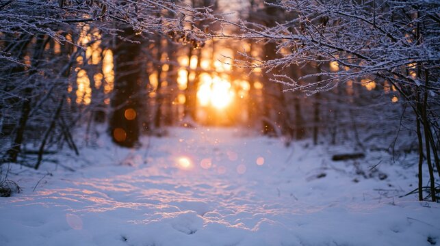 The Sunlit Snow Covered Forest Path in Golden Hour Winter Light