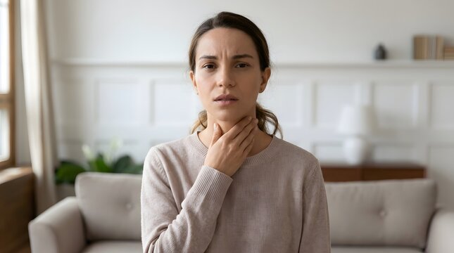 Woman Touching Front of Neck With Uncomfortable Expression From Sore Throat