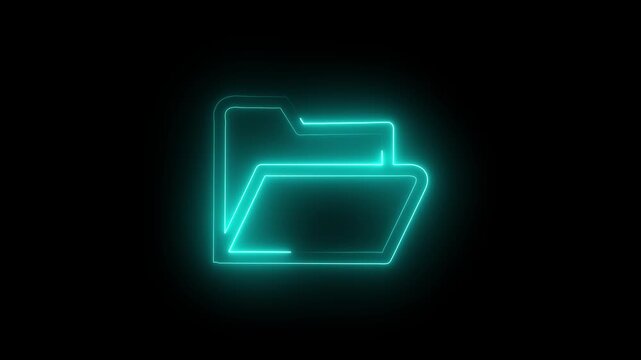 Glowing neon outline of a folder icon with horizontal lines on a black background. 4k animation.