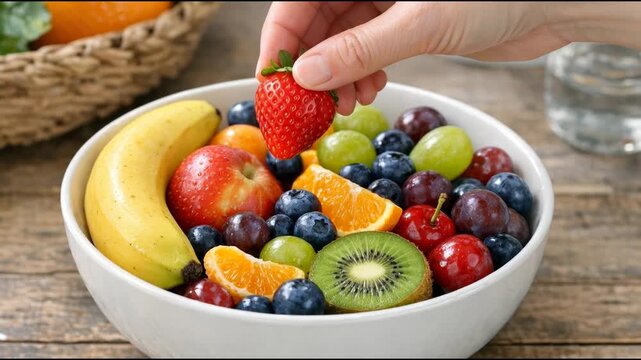 A person selecting a strawberry from a bowl of fresh fruit