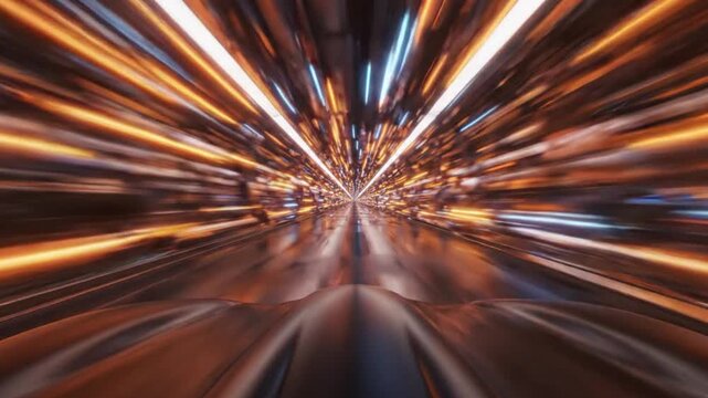 Futuristic vehicle traveling through a glowing tunnel of lights representing high speed travel in this immersive digital motion video clip