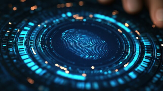 Person hand touching glowing biometric fingerprint scan interface on modern digital screen, user authentication concept.