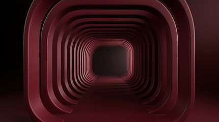 Obraz premium Abstract burgundy tunnel with ribbed geometric layers and dark perspective depth
