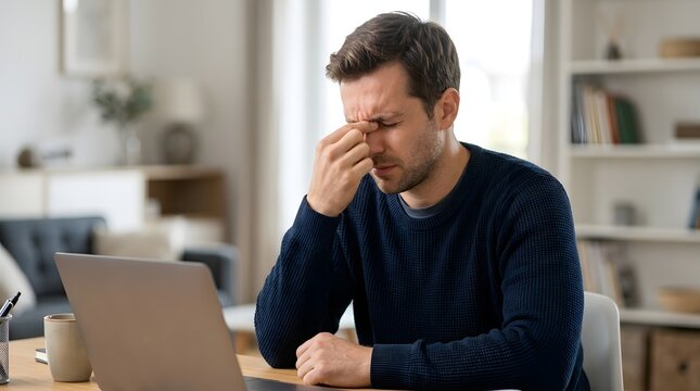 Man Pressing Bridge of Nose With Eyes Closed in Home Office Showing Headache and Sinus Pressure