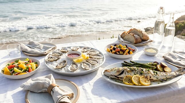 Fresh oysters with grilled fish and vegetable salad served on a table for a delicious fancy seafood dinner. Ocean-to-table dinner