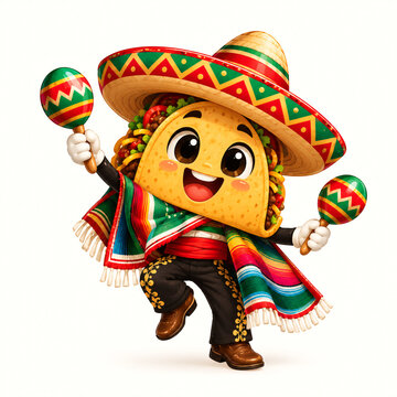 Happy cartoon taco character wearing a traditional colorful mexican sombrero and poncho while playfully dancing and shaking maracas isolated on a bright white studio background
