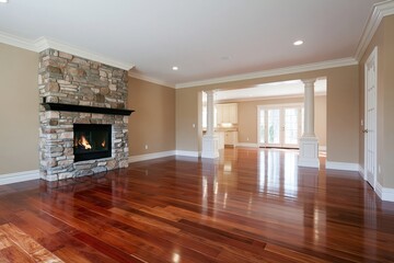 Obraz premium The Cozy Open Concept Living Room with Stone Fireplace and Hardwood Floors