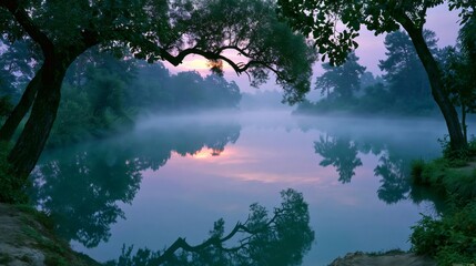 Fototapeta premium Foggy river with trees reflecting at sunset