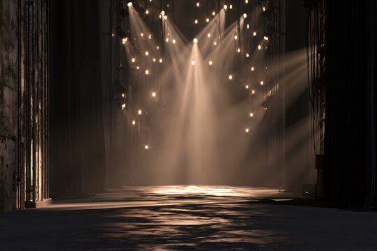 Empty theater stage illuminated by dramatic spotlights