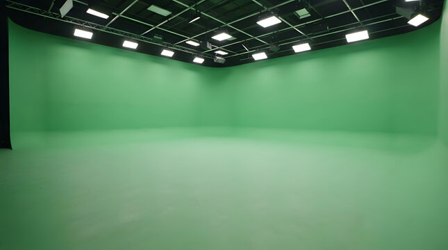 Empty green screen studio with professional lighting setup