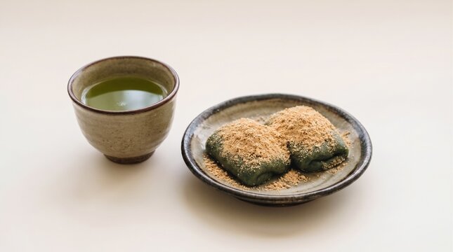 和陶器の小皿に盛られたきな粉草餅（よもぎ餅）と温かい緑茶の和菓子 白バック