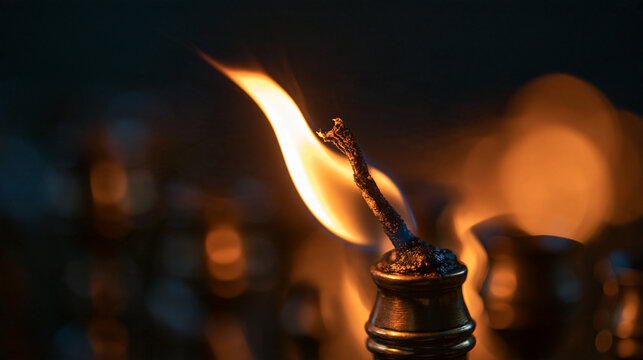 Flame Burning on Wick of Traditional Oil Lamp