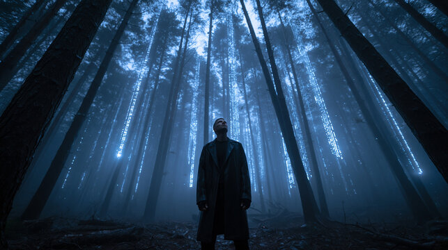 Man in Dark Forest with Glowing Digital Data Streams